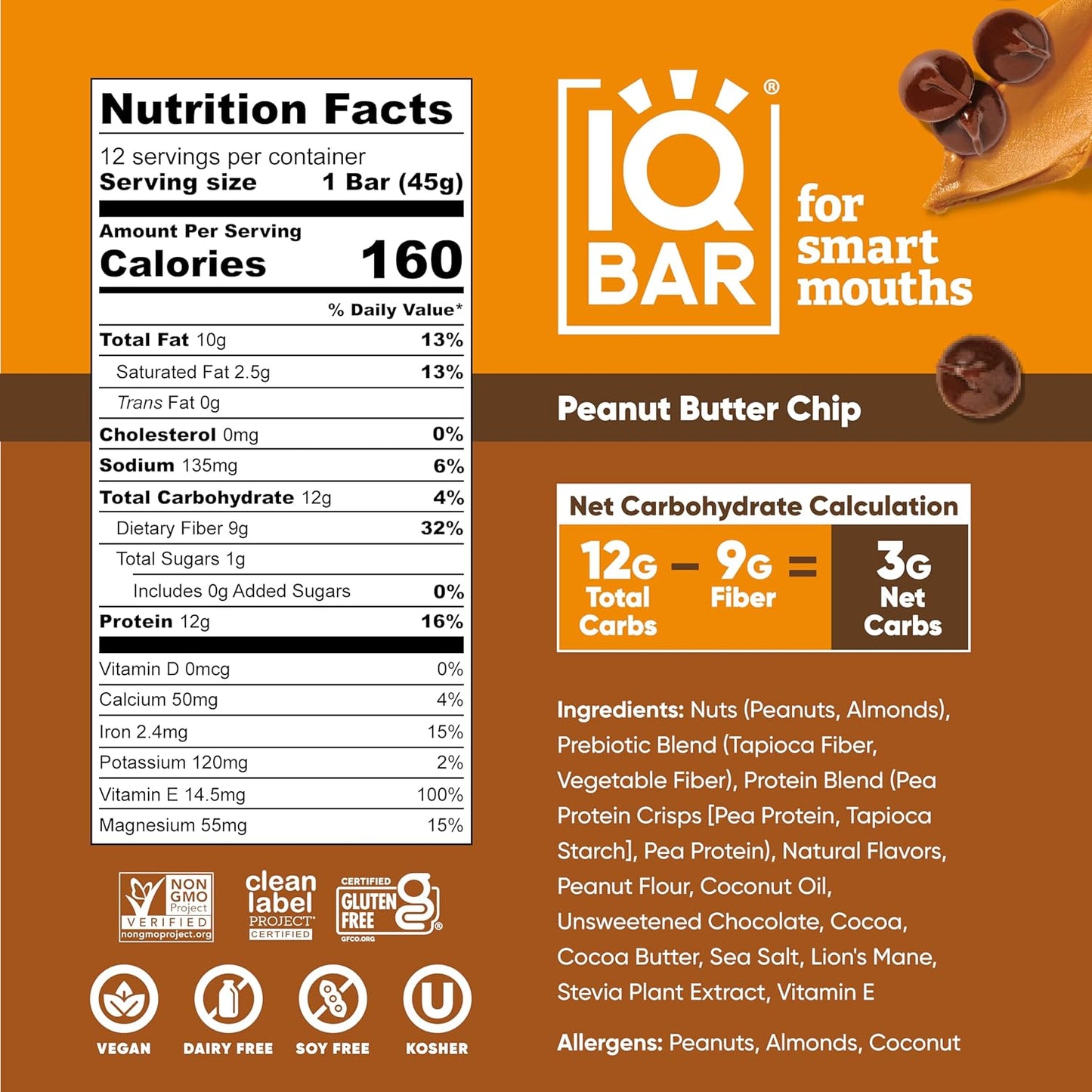 Peanut Butter Chip Plant Protein Bars – High Protein, High Fiber, Low Sugar, Clean Label Certified, Gluten-Free, Dairy-Free, Vegan, Keto & Soy-Free, 12 Count