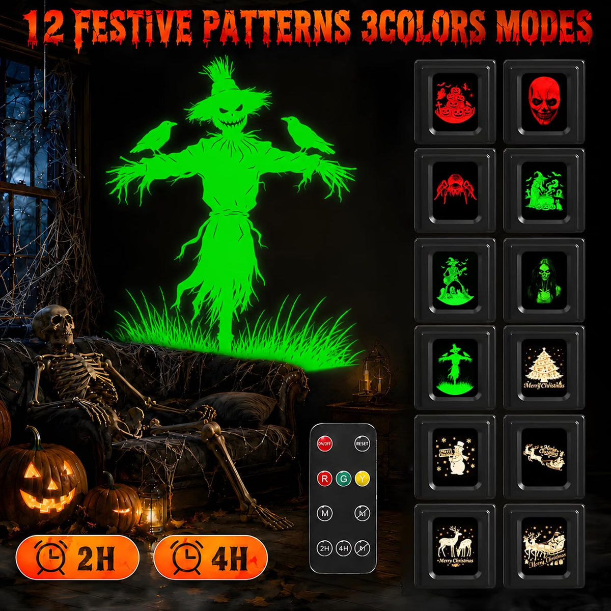 12-in-1 Halloween Projector – 3D Dynamic HD Skull, Spider, Pumpkin & Witch Cauldron Lights for Windows, Garage Doors & Outdoor Décor