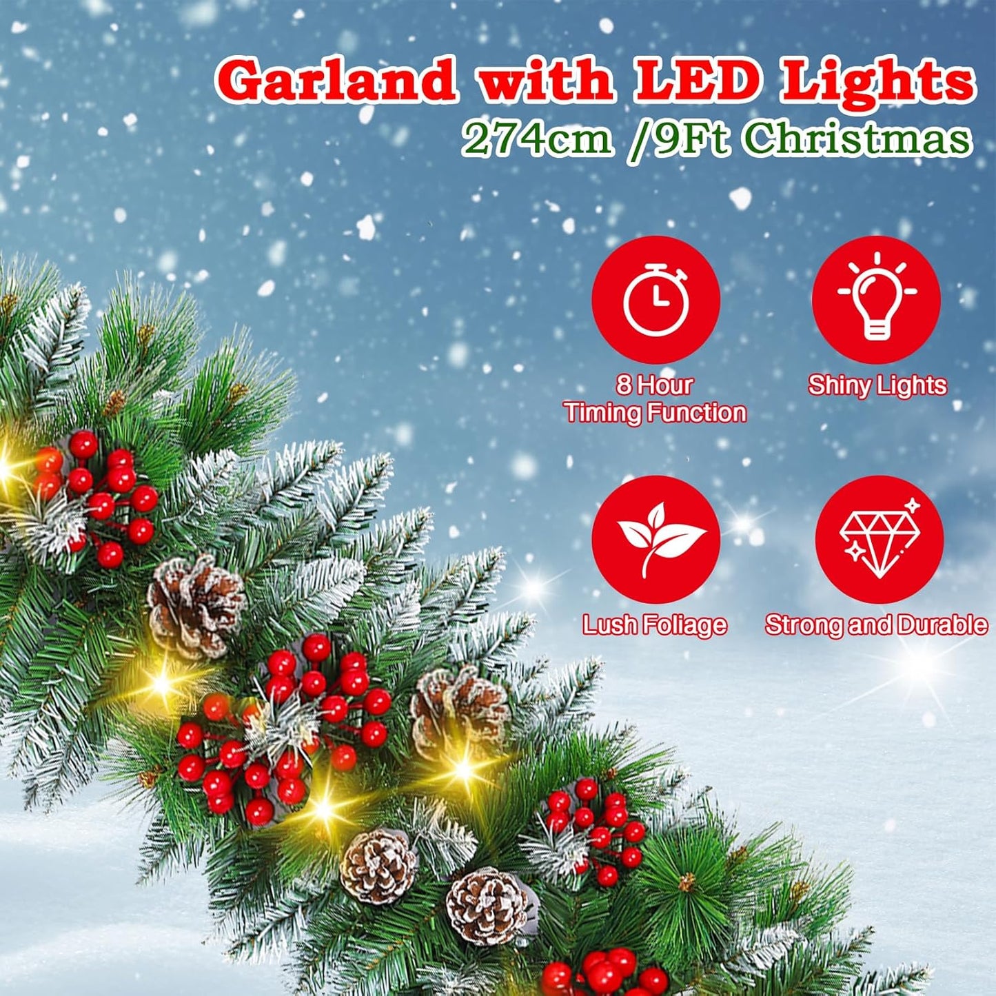 9FT Pre-Lit Flocked Christmas Garland with 30 LED Lights