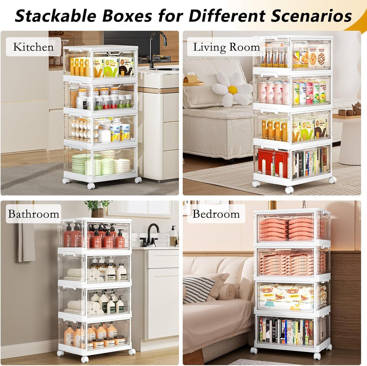 24 QT Portable Clear Storage Bins with Lid & Wheels - Stackable 4-Tier Organizer with Magnetic Doors for Home & Office