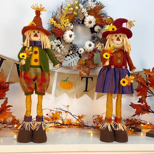 2-Pack 28" Large Standing Fall Scarecrows – Stretchable Leg Thanksgiving Harvest Decorations for Porch, Home & Farmhouse