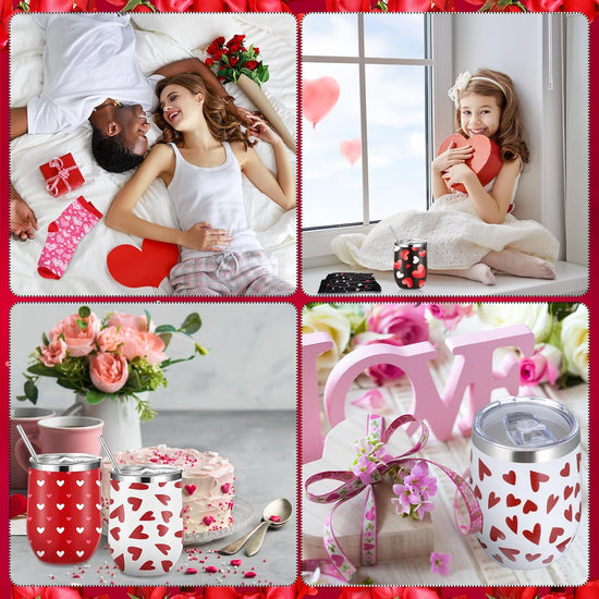 12 oz Heart Print Tumbler Cups and Heart Socks Stainless Steel with Lids Straw Brush Socks