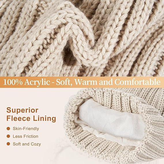 3-in-1 Winter Beanie Hat Scarf Gloves Set for Women with Pom Pom Long Scarf Neck Warmer Touchscreen Gloves