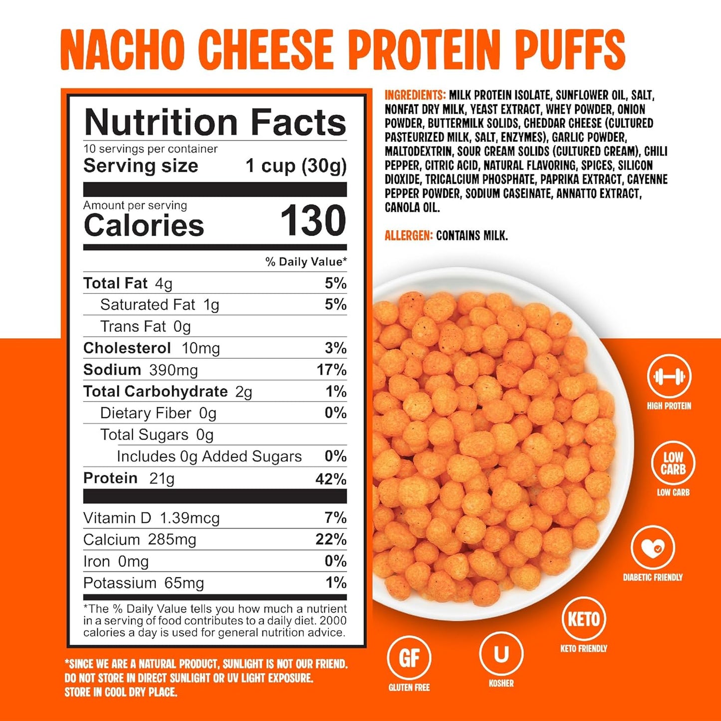 Nacho Cheese Protein Puffs – Keto Friendly, Low Carb Crunchy Snack – 21g Protein, 2g Net Carbs (300g)