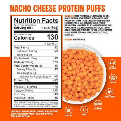 Nacho Cheese Protein Puffs – Keto Friendly, Low Carb Crunchy Snack – 21g Protein, 2g Net Carbs (300g)