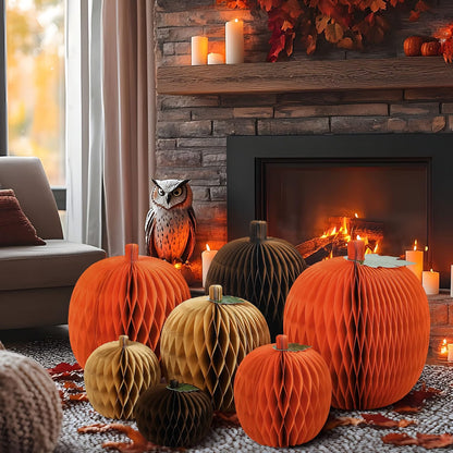7-Piece Pumpkin Honeycomb Centerpiece Set – 3D Paper Fall Decorations for Thanksgiving & Autumn Table Décor