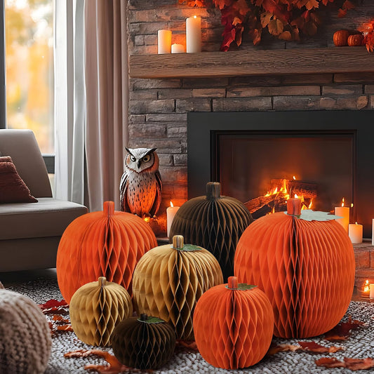 7-Piece Pumpkin Honeycomb Centerpiece Set – 3D Paper Fall Decorations for Thanksgiving & Autumn Table Décor