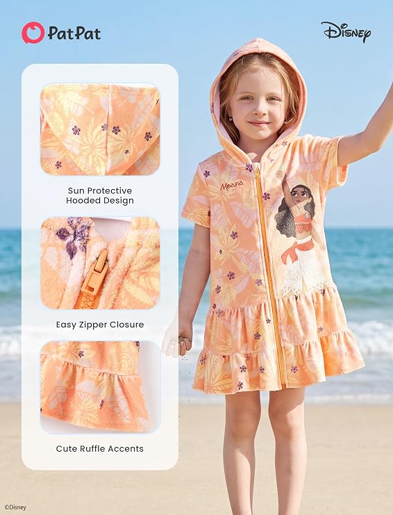 Moana Girls Swim Cover-Up – Hooded Terry Cloth Zip-Up Swimsuit Coverup for Ages 2–9 Years Old