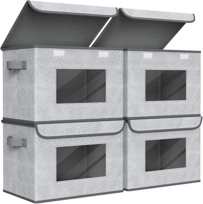 4-Pack Large Foldable Fabric Storage Bins with Lids - Gray (17" x 12" x 12")
