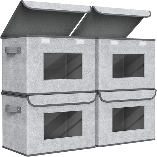 4-Pack Large Foldable Fabric Storage Bins with Lids - Gray (17" x 12" x 12")