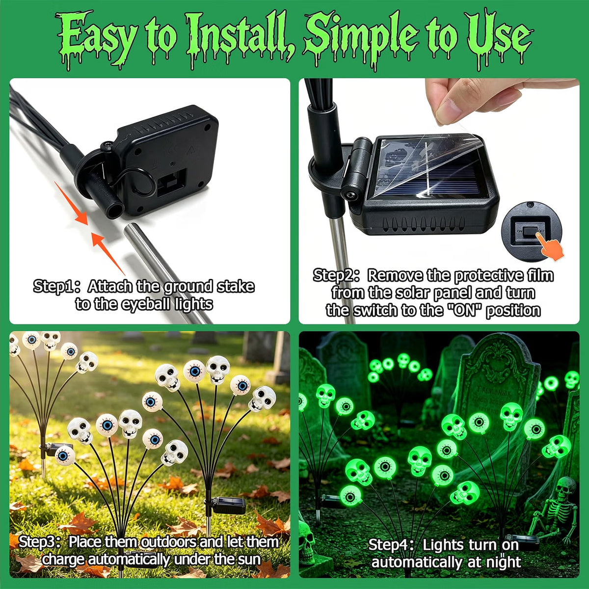 4-Pack Solar Halloween Scary Eyeball Lights – Green LED Outdoor Spooky Yard & Garden Decorations