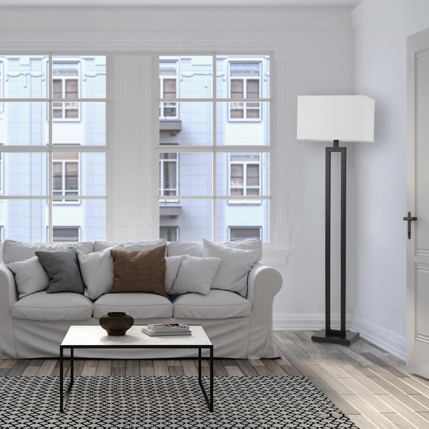 58" Modern Floor Lamp - Matte Black with White Linen Shade