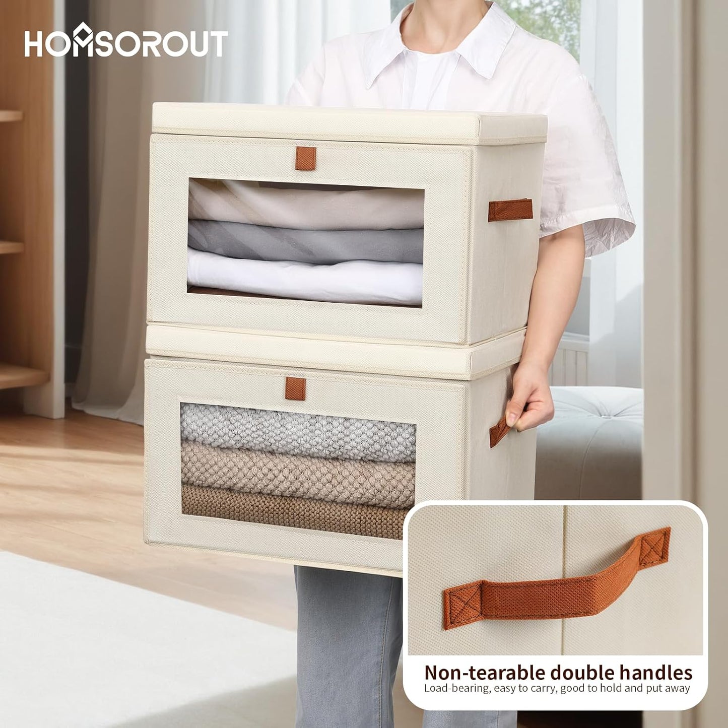 Large Closet Storage Organizer – Fabric Storage Bins with Handles & Window (2-Pack, Beige)