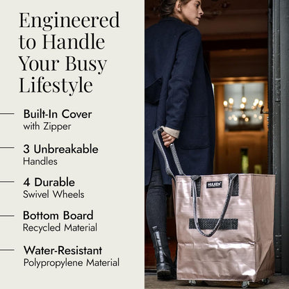 Rolling Grocery Bag: Lightweight, Zippered, 66 lb Capacity, Folds Flat, Unbreakable Handles