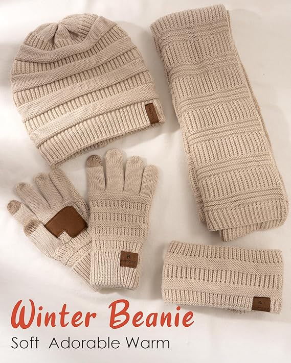 Women’s Winter 4-Piece Knit Set – Beanie, Scarf, Touchscreen Gloves & Ear Warmer