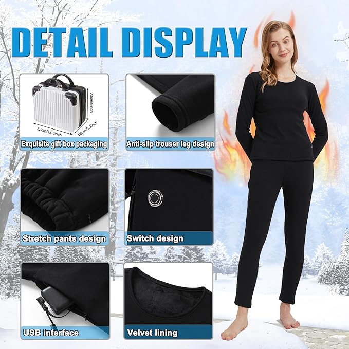 Women’s USB Heated Thermal Underwear Set – Electric Long Johns with Power Bank for Skiing & Outdoor Sports