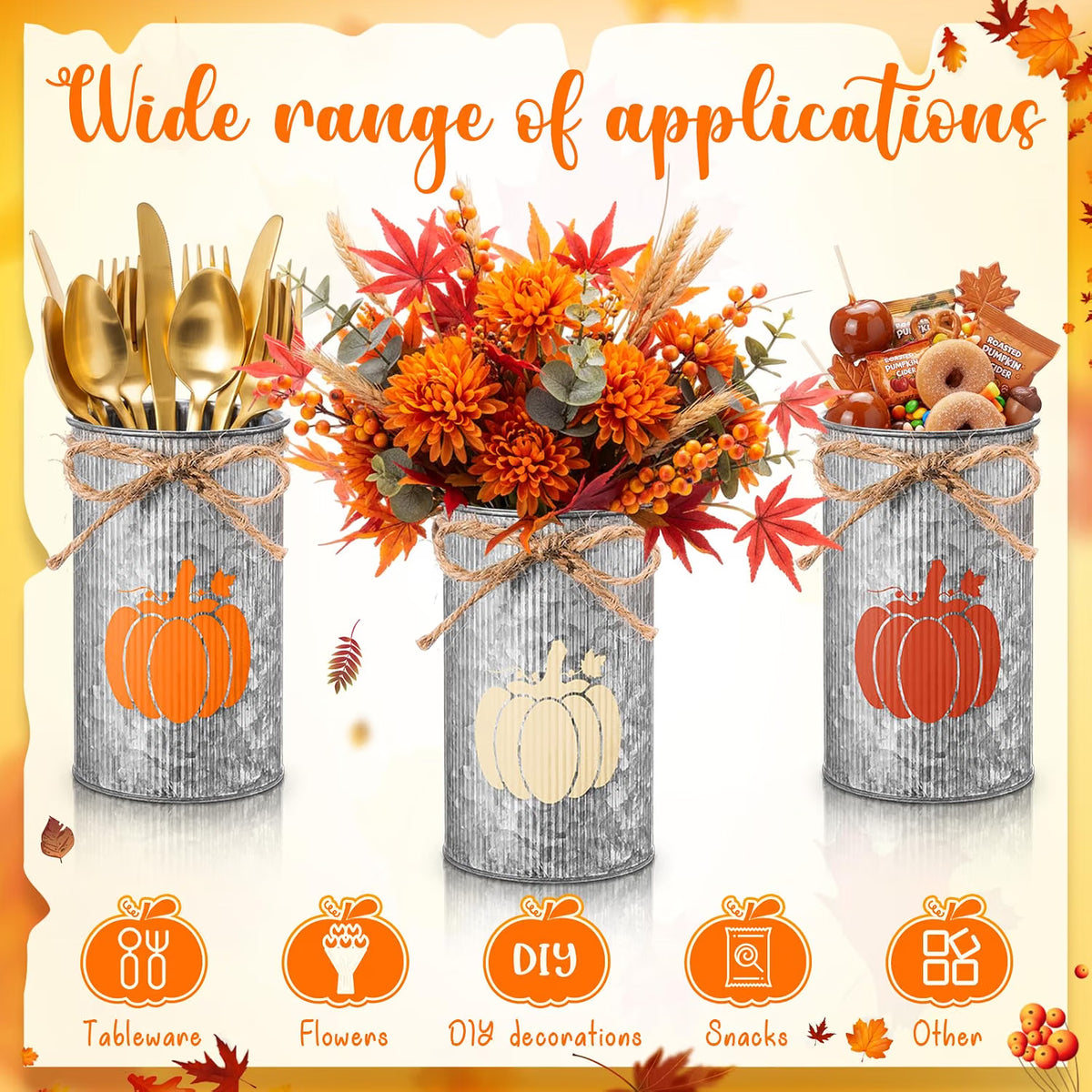 6-Piece Fall Pumpkin Vase Centerpieces – Galvanized Metal Farmhouse Jars for Thanksgiving & Autumn Harvest Décor