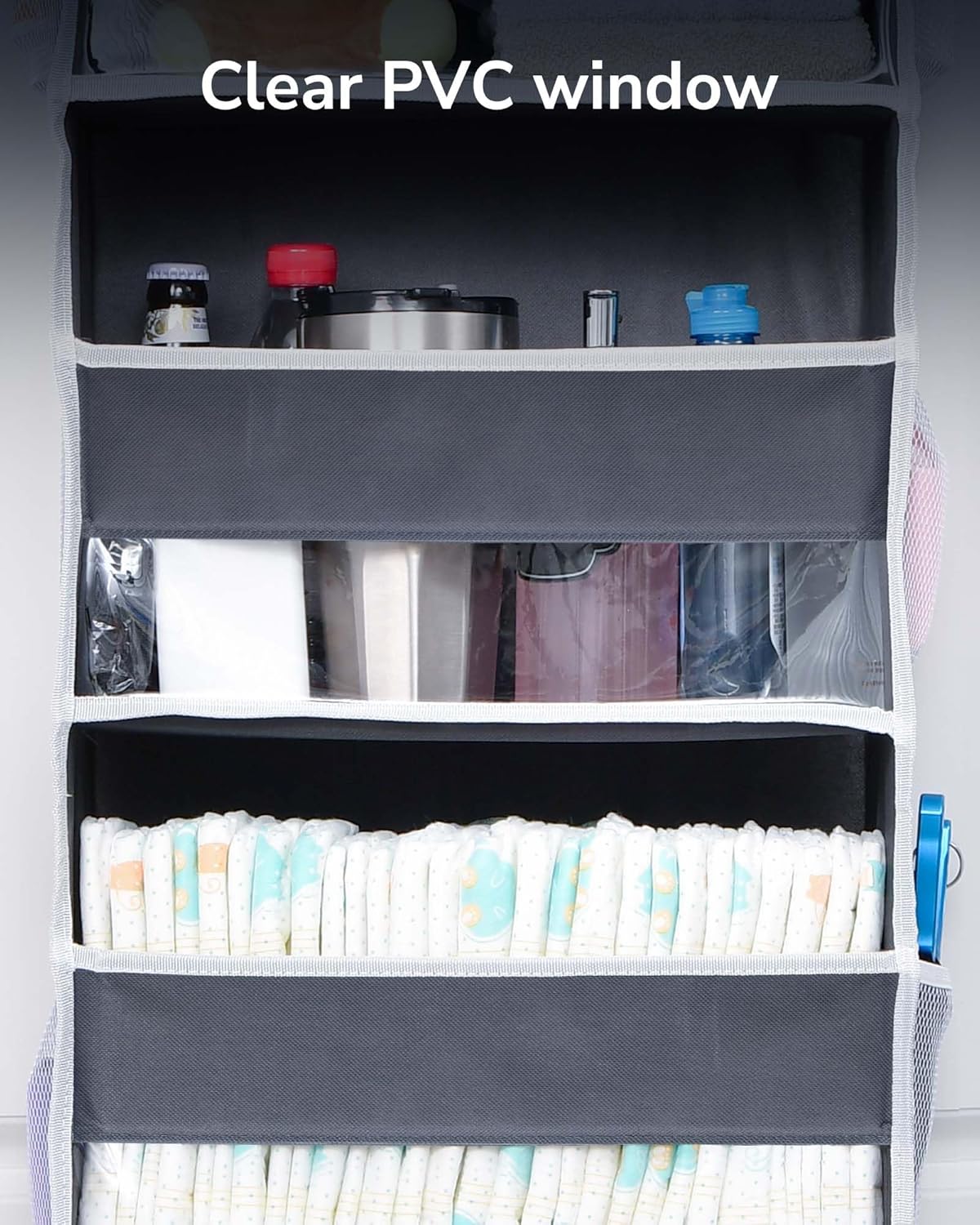 Over Door Organizer – 5 Large Pockets & 10 Mesh Side Pockets – Hanging Storage with Clear Window – Dark Grey (5 Layers)