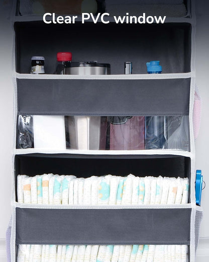 Over Door Organizer – 5 Large Pockets & 10 Mesh Side Pockets – Hanging Storage with Clear Window – Dark Grey (5 Layers)