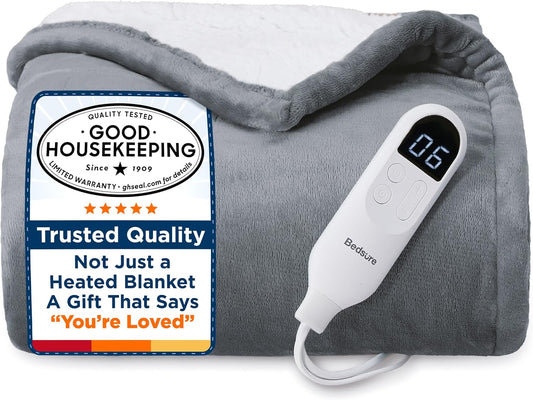 Heated Throw Blanket – Fast-Heating Electric Flannel with Timer & 6 Heat Levels (50" x 60", Grey)