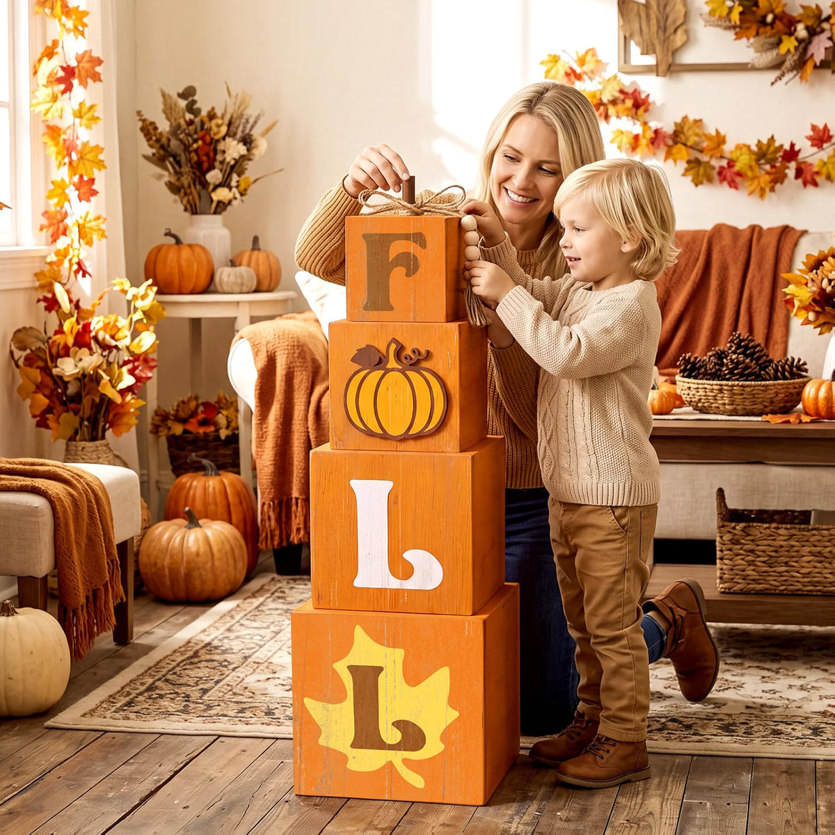 Stacked Pumpkin Ghost Boo Box – Fall Porch Decoration for Halloween & Autumn Outdoor Décor