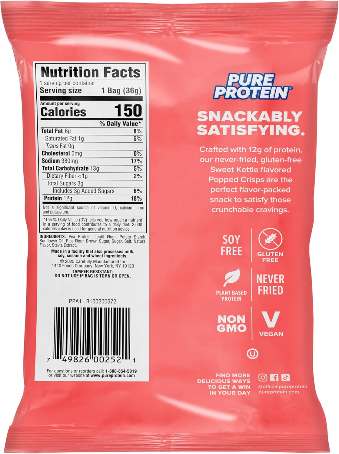 Pure Protein Popped Crisps, Sweet Kettle – 12g Protein, 1.27oz, 12 Count