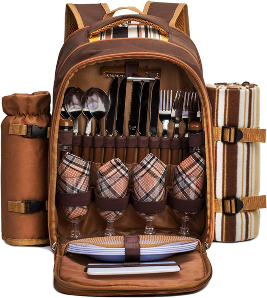 Picnic Backpack for 4 – Includes Cooler Compartment, Wine Bag & 45"x53" Blanket (Brown)