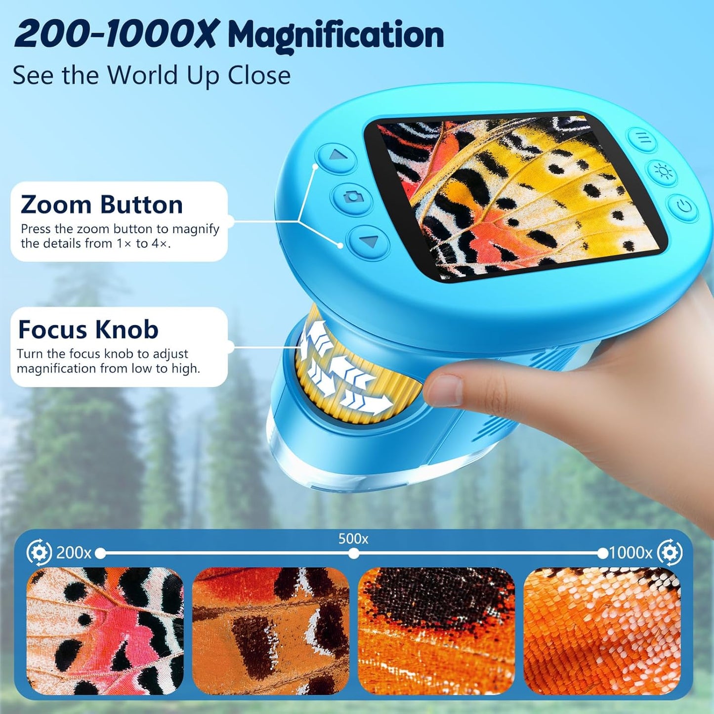 1000X Kids Handheld Digital Microscope – 4K 2.4" Screen with 12 Slides (Blue)