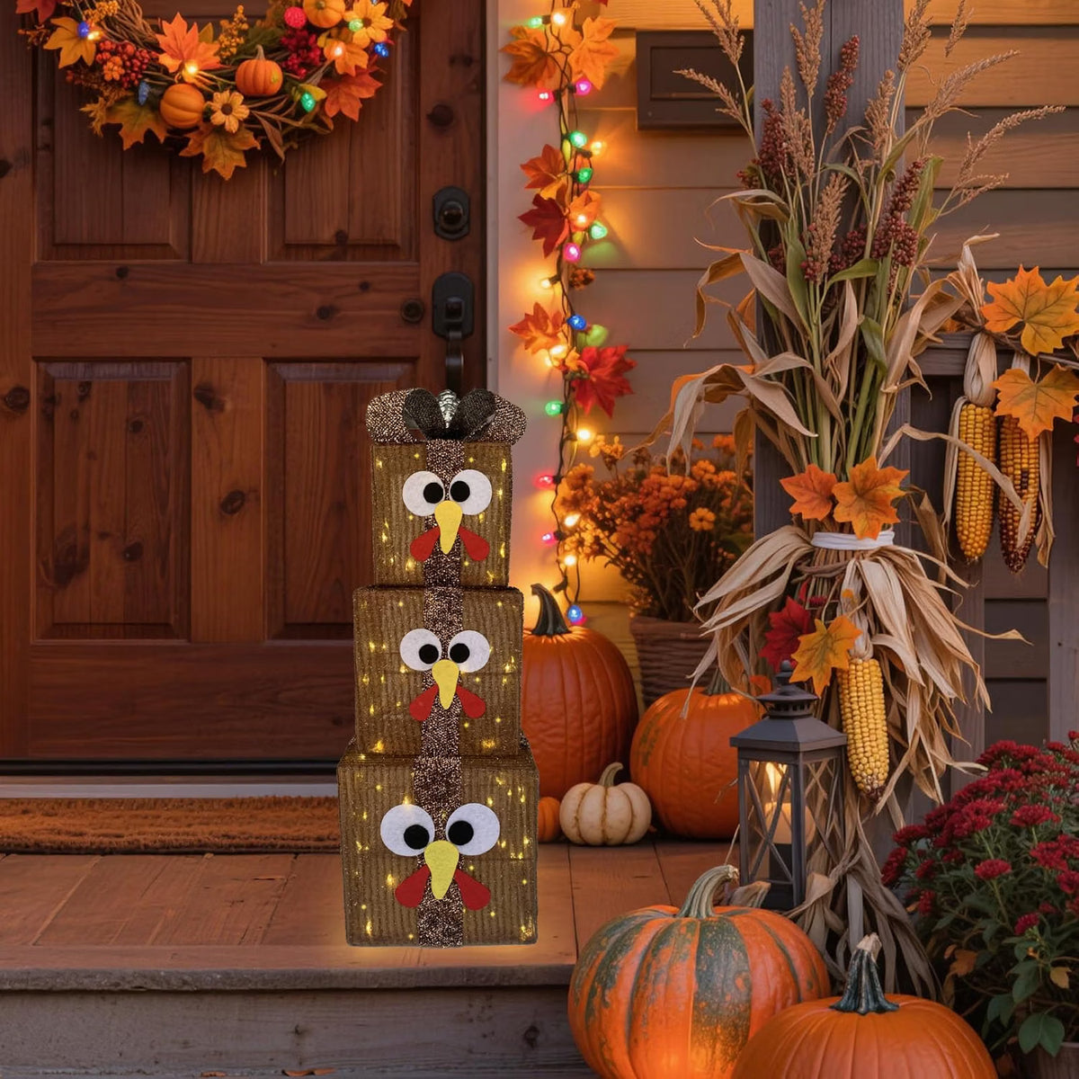 Light-Up Thanksgiving Turkey Gift Boxes – 80-Light Prelit Fall Porch & Table Decorations with 8 Modes & Timer