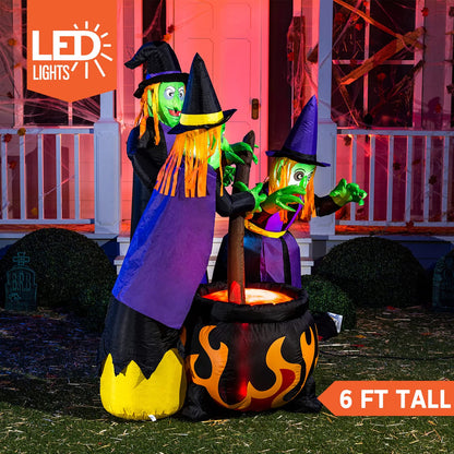 6 FT Halloween Inflatable Witches & Cauldron – Flame Light LED Blow-Up Decoration for Indoor & Outdoor Yard, Lawn & Party Décor