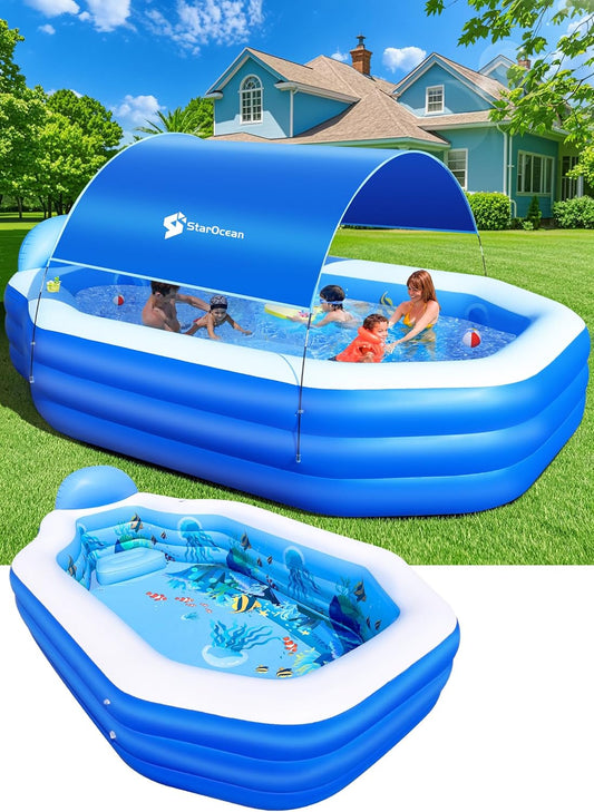 Large Inflatable Pool with Canopy, Seats, and Backrest for Kids and Adults
