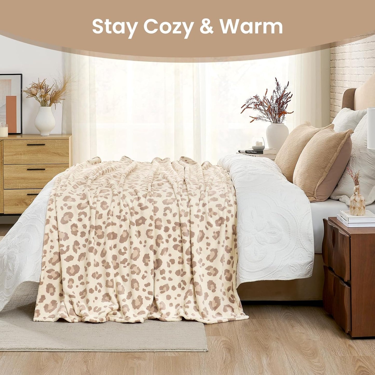 Leopard Print Fuzzy Throw Blanket – Thick Soft Fleece for Couch & Bed (Khaki Brown, 50" x 60")