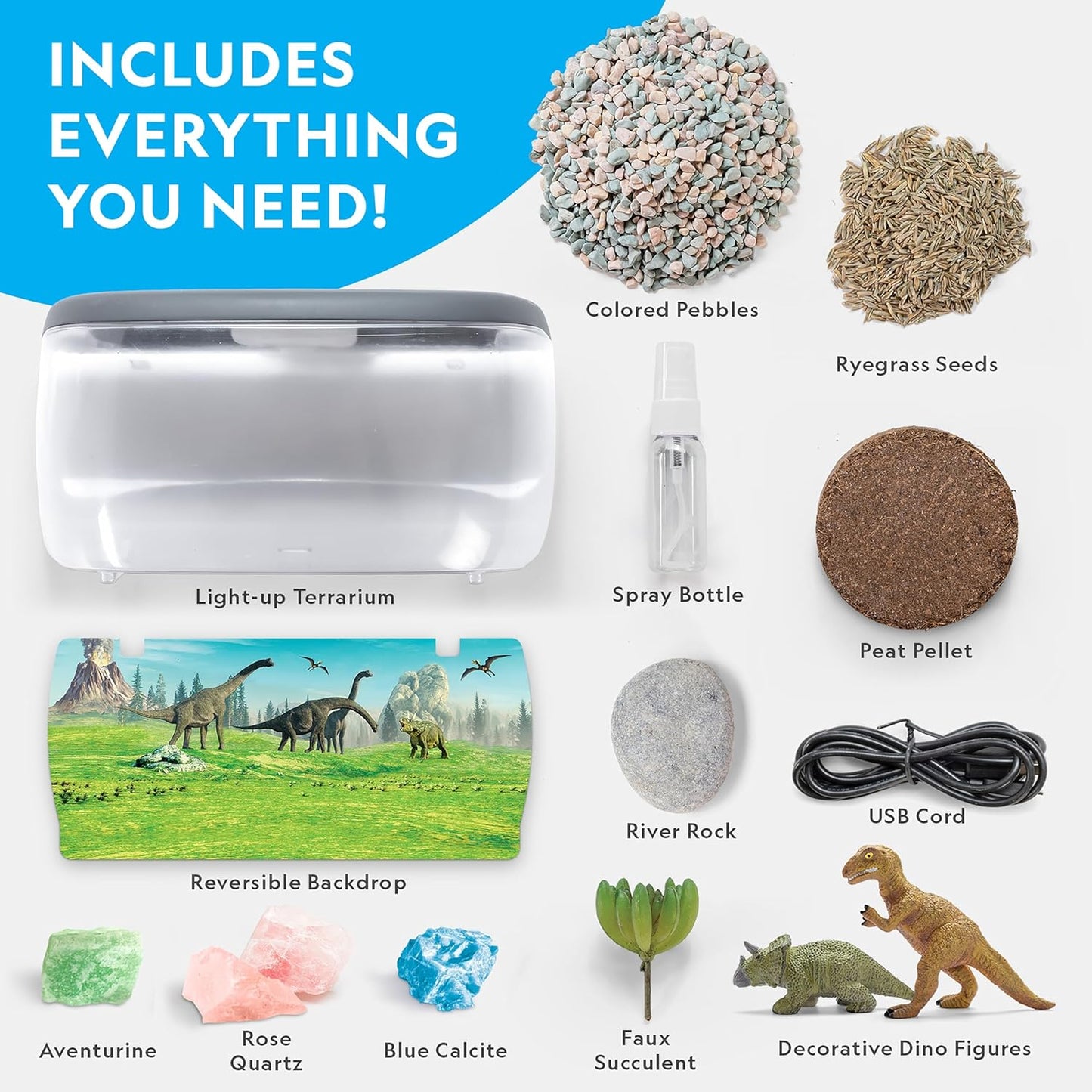 Light-Up Dinosaur Terrarium Kit for Kids with Real Plants & Gemstones