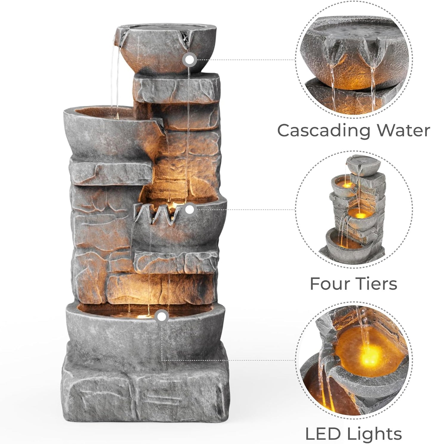 33.25" Cascading Bowls & Stacked Stones LED Outdoor Water Fountain (Stone Gray)