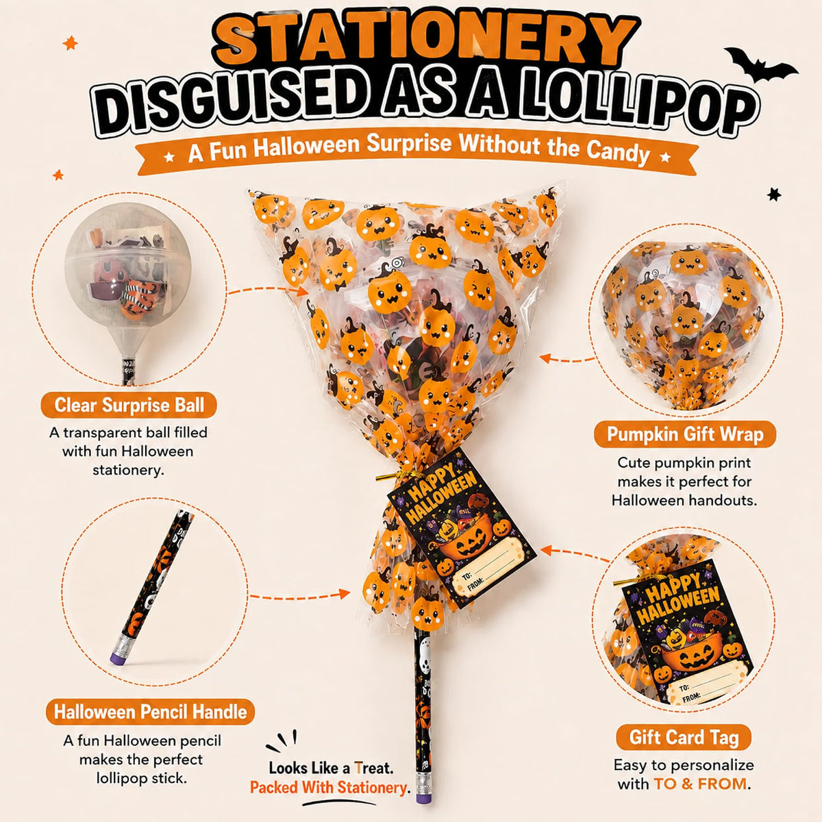 26-Pack Halloween Party Favors for Kids – Lollipop-Shaped Stationery Gift Set with Pencils, Erasers, Tattoos, Bracelets & Cards