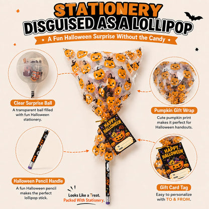 26-Pack Halloween Party Favors for Kids – Lollipop-Shaped Stationery Gift Set with Pencils, Erasers, Tattoos, Bracelets & Cards