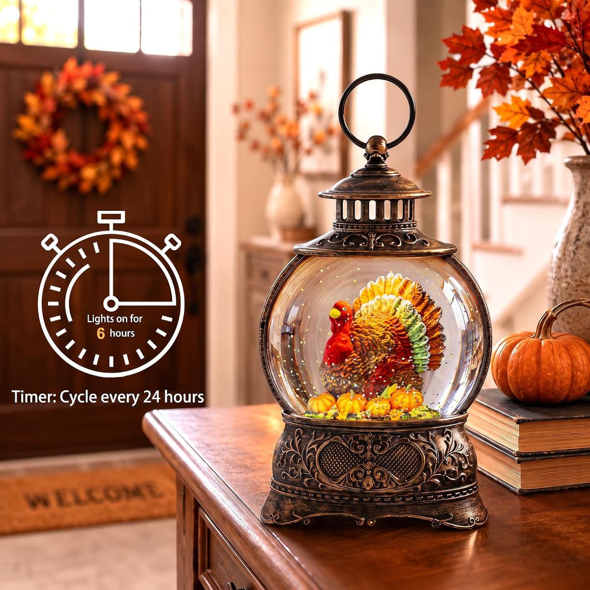 Fall Snow Globe Lantern – Lighted Glitter Water Lantern with Turkey in Pumpkin for Thanksgiving & Autumn Décor