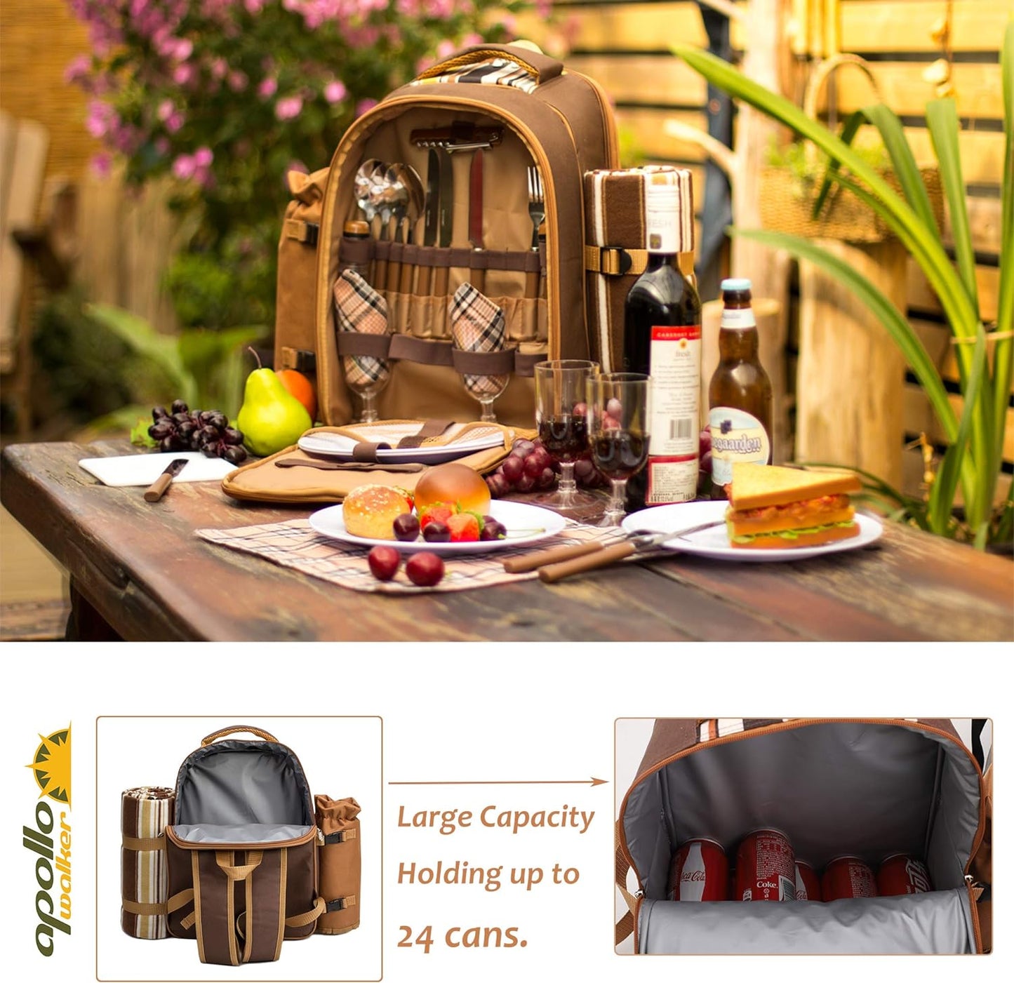 Picnic Backpack for 4 – Includes Cooler Compartment, Wine Bag & 45"x53" Blanket (Brown)