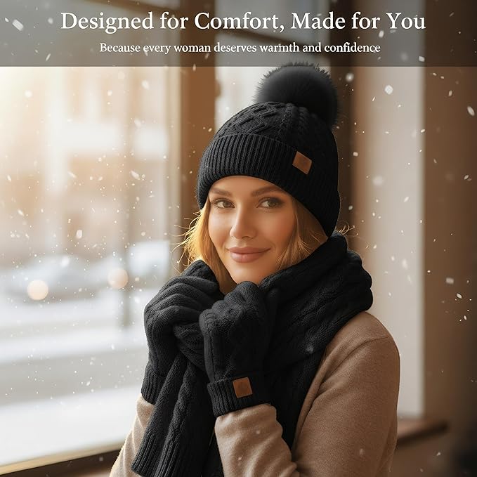 Winter Beanie Hat Scarf Gloves Headband Set – Knit Beanie, Warm Scarf, Touchscreen Gloves & Ear Warmer, Gift for Women & Men