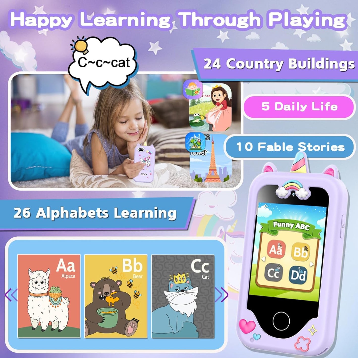 Kids Smart Phone for Girls – 2.8" Touchscreen Learning Toy with Dual Camera, Games & Music (Purple)
