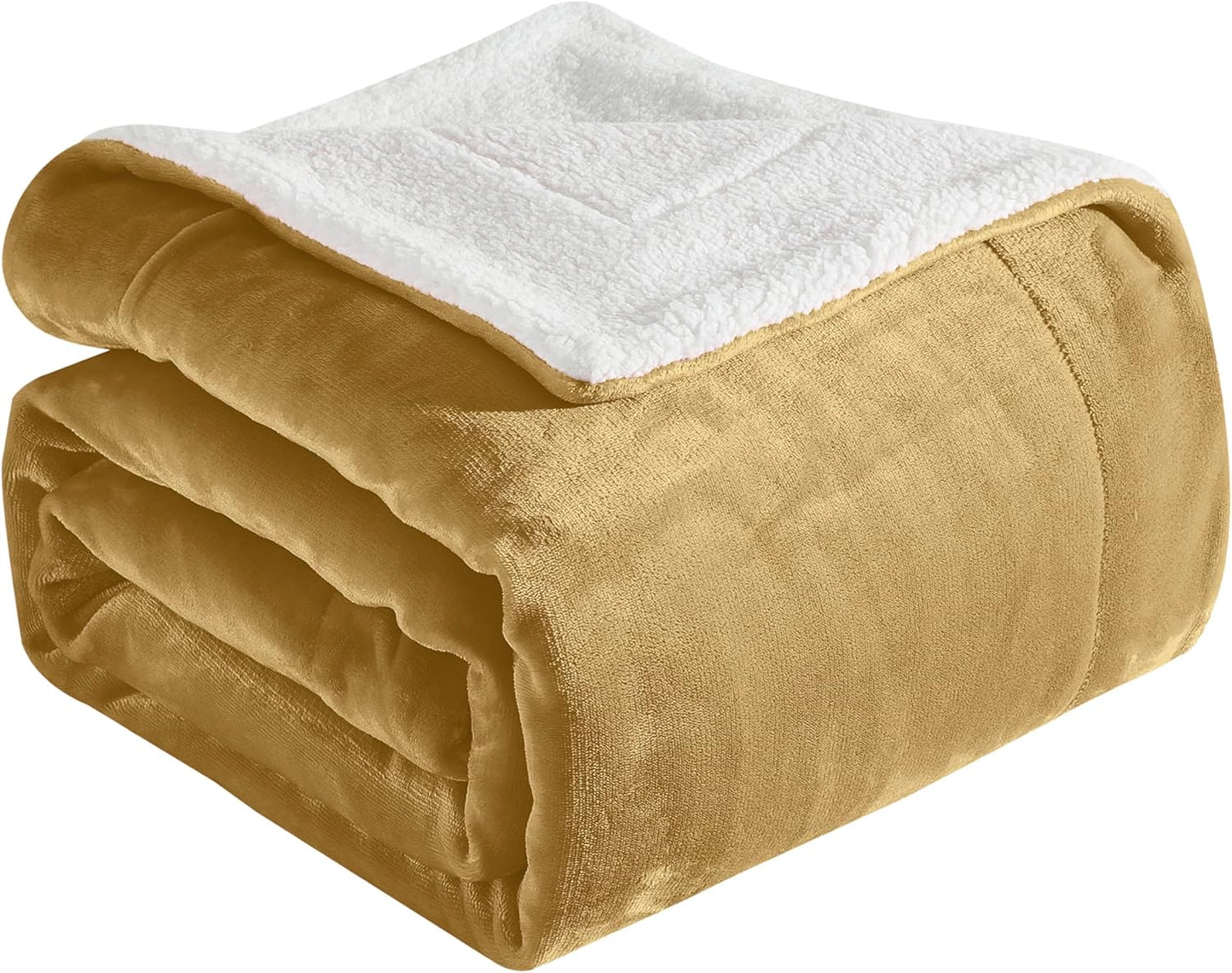 Reversible Flannel Sherpa Blanket - Cozy Fleece Throw, Queen, Gold