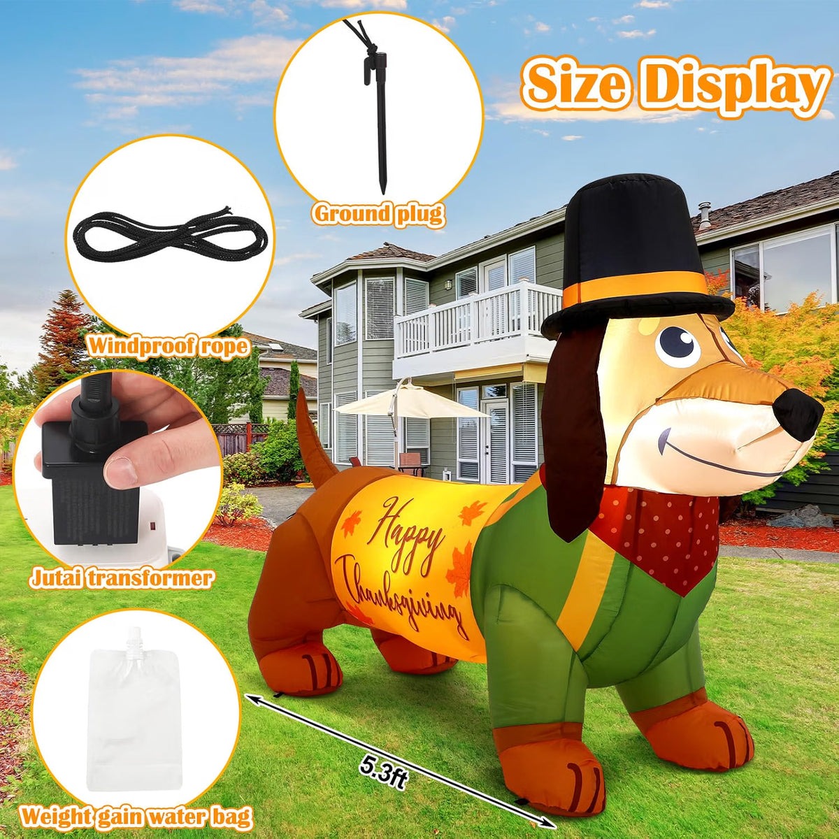 5.3 FT Thanksgiving Inflatable Dachshund – LED Light-Up Fall Dog Blow-Up Decoration for Outdoor Yard, Lawn & Garden