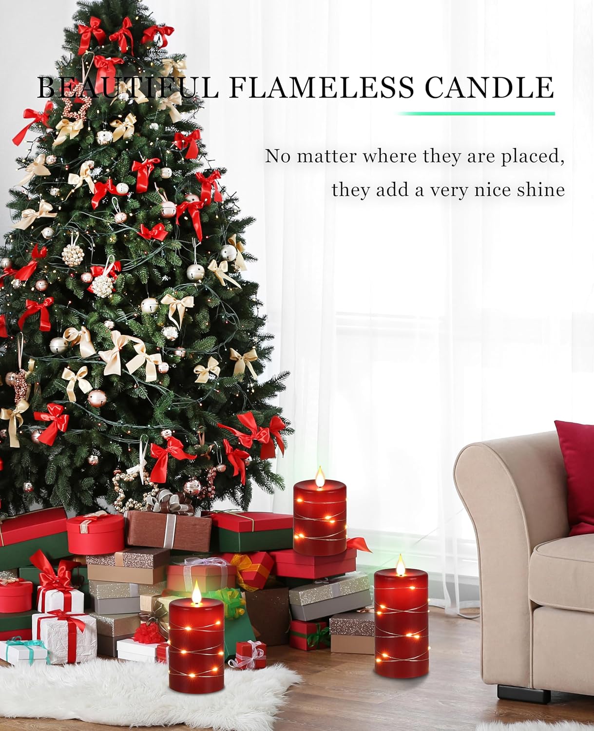 Set of 3 Red Flameless LED Pillar Candles with Remote - 4'', 5'', 6''