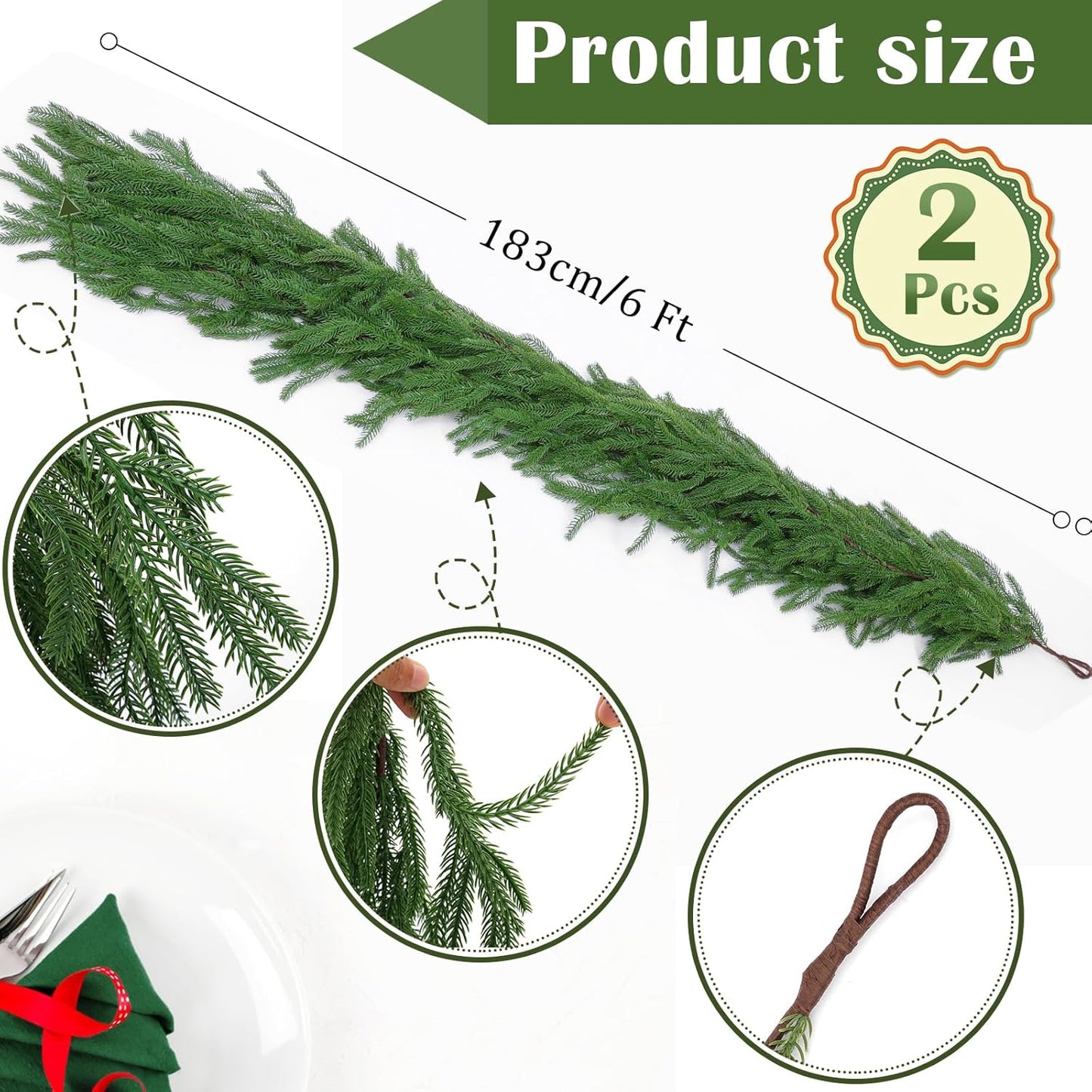 2-Pack 6 ft Artificial Norfolk Pine Garlands – Real Touch Greenery for Indoor/Outdoor Décor