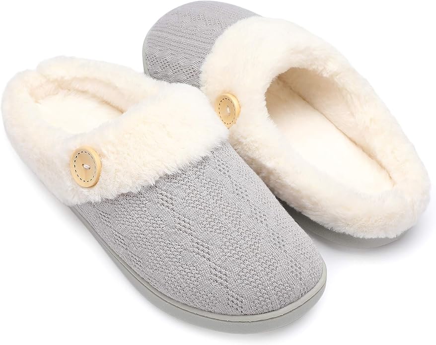 Women’s Memory Foam Slippers – Knitted Faux Fur Lined House Shoes with Anti-Skid Sole