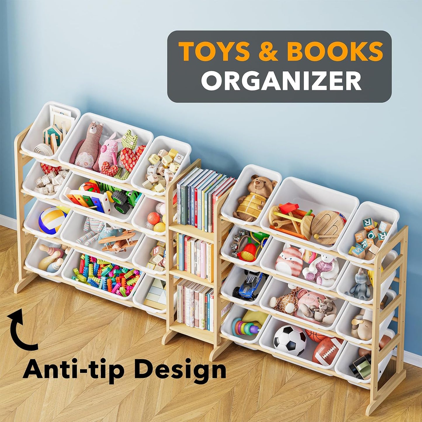 Large Toy Storage Organizer – 24 Bins & 3 Shelves Kids Toy Shelf Bookcase for Bedroom or Playroom – White
