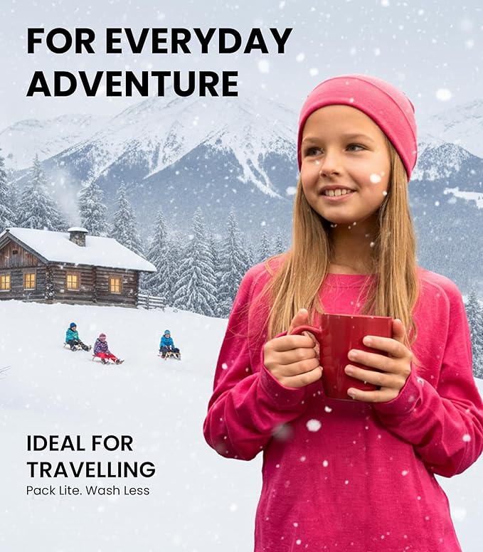 Kids’ Merino Wool Base Layer Set – Midweight Thermal Top, Bottom & Beanie (Medium)