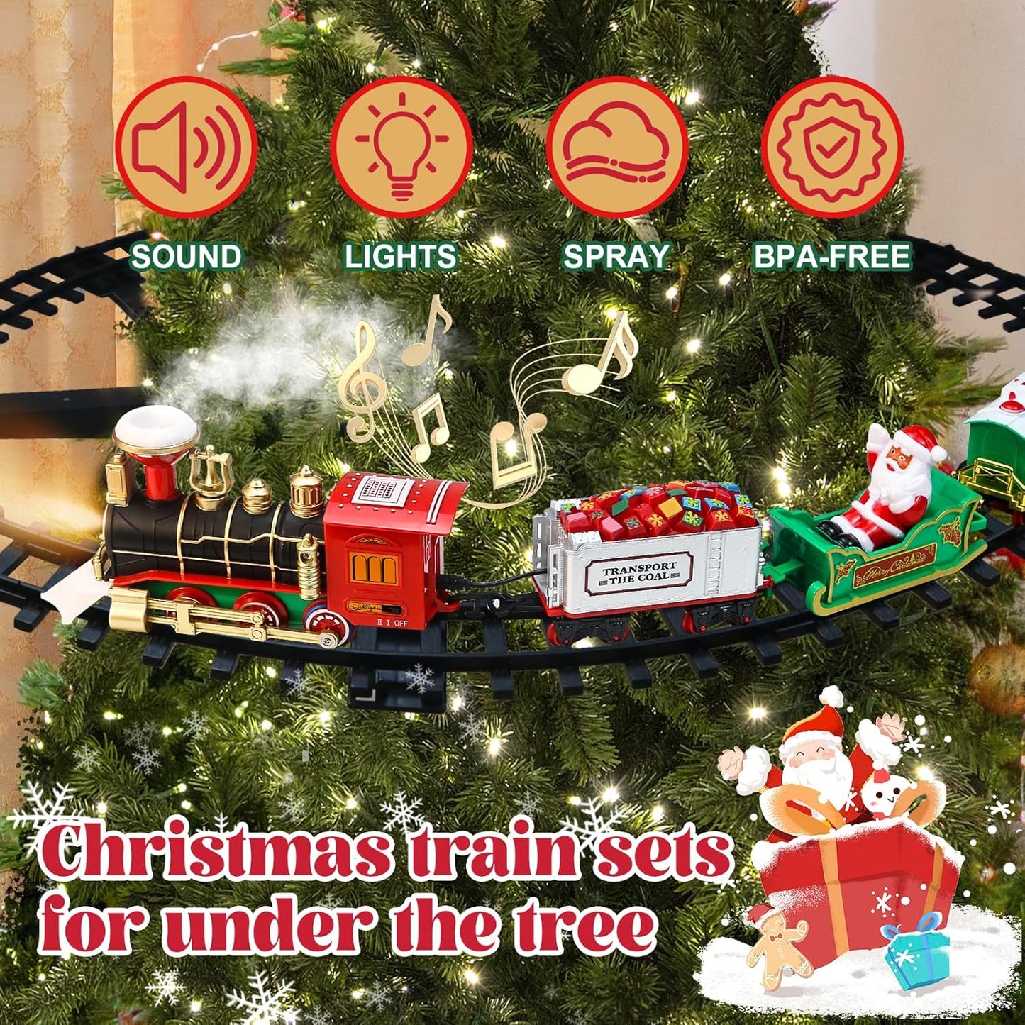 Holiday Train Set for Christmas - Hanging Toys with Smoke, Whistle (On/Off), and Lights for Tree Decoration