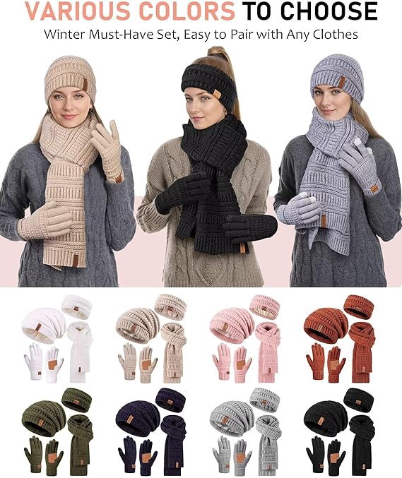 Women’s Winter Beanie, Scarf & Gloves Set – Slouchy Knit Hat, Ear Warmer & Touchscreen Gloves (4-Piece Set)