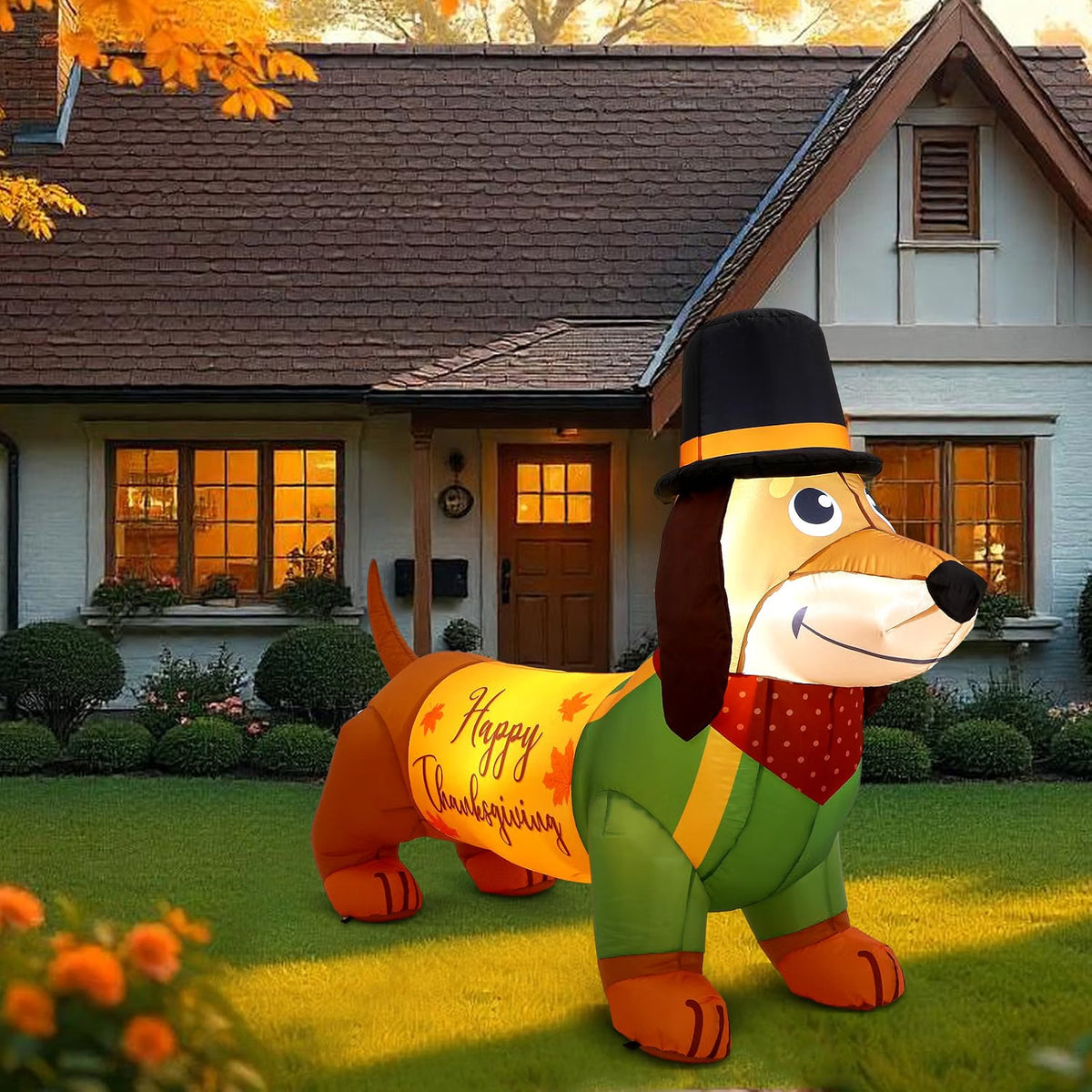 5.3 FT Thanksgiving Inflatable Dachshund – LED Light-Up Fall Dog Blow-Up Decoration for Outdoor Yard, Lawn & Garden
